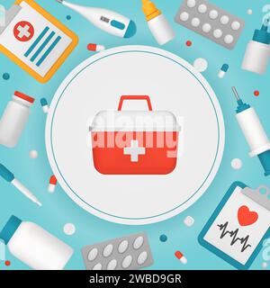 A medical kit surrounded by medical supplies. 3D vector illustration. Stock Vector