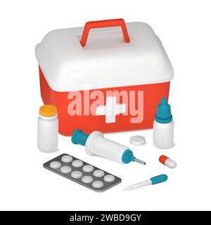 First aid kit and medical equipment, pills, syringe, pipette. 3D vector illustration isolated on white background Stock Vector