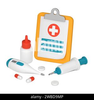 A Clipboard with a Red Cross. Medical equipment, thermometer, syringe, tablets, capsules. 3D vector illustration isolated on white background. Stock Vector