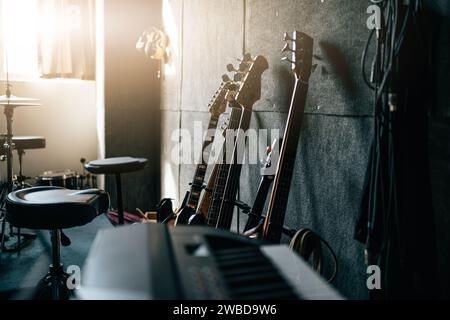 Music instruments in room. Sound recording studio background. Stock Photo