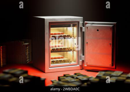 Close-up view of radiant gold bars neatly stacked in an open safe, with accompanying banknotes on a lustrous red background, symbolizing financial sec Stock Photo