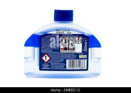 Irvine, Scotland, UK-July 21, 2023: Tesco branded bottle of dishwasher cleaner in recyclable plastic with relevant graphics and warning symbols for th Stock Photo