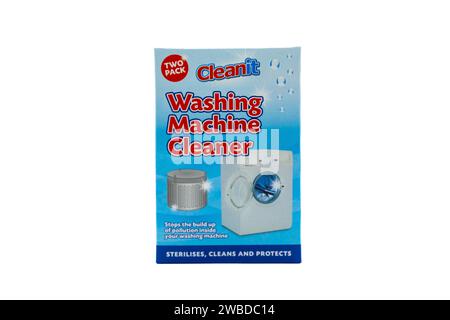 Irvine, Scotland, UK-July 21, 2023: Cleanit branded washing machine cleaner in a recyclable cardboard box and graphics and symbols relevant to the ima Stock Photo
