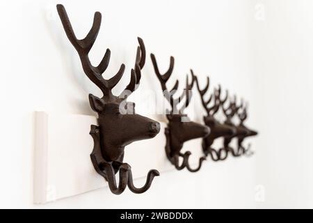 Decorative stag coat hooks on a plain white wall Stock Photo