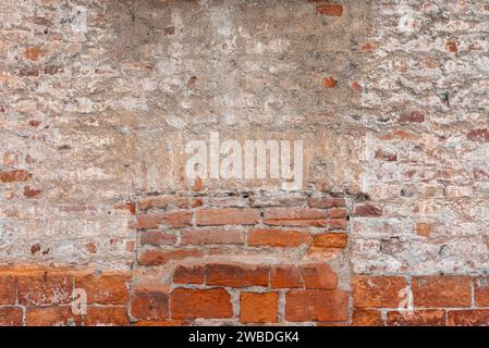 Old wall texture with plaster and peeling background with exposed brick. Background of wall with plaster and brick and walled window with brick. Ideal Stock Photo