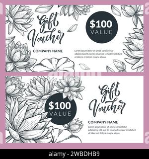 Gift card, voucher, certificate or coupon vector design template. Discount banner layout with lotus flowers. Hand drawn sketch floral illustration Stock Vector