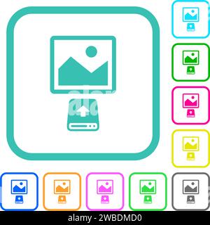 Upload image from hard disk vivid colored flat icons in curved borders on white background Stock Vector