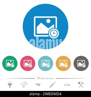 Image modified time alternate flat white icons on round color backgrounds. 6 bonus icons included. Stock Vector