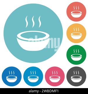 Steaming bowl flat white icons on round color backgrounds Stock Vector