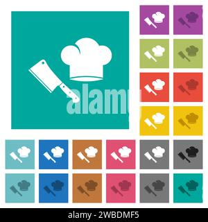 Meat cleaver knife and chef hat multi colored flat icons on plain square backgrounds. Included white and darker icon variations for hover or active ef Stock Vector