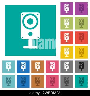 Music speaker multi colored flat icons on plain square backgrounds. Included white and darker icon variations for hover or active effects. Stock Vector