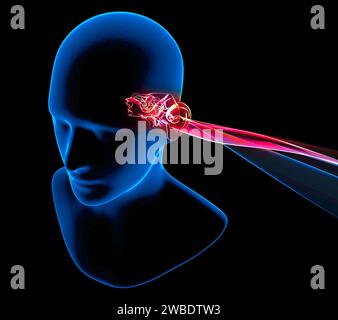 Hearing problems and solutions. Ultrasound. Deafness. Advancing age and hearing loss. Soundwave and equalizer bars with human ear. 3d rendering Stock Photo