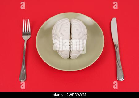 A white model of the human brain lies in a plate on a red background, next to a fork and knife. Eating brains Stock Photo