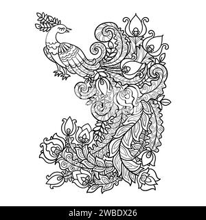 Peacock with a beautiful long tail. Black and white linear drawing. For the design of coloring books for children and adults, prints, posters, cards, Stock Vector