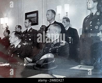 WILHELM KEITEL  (1882-1946)  at centre  listening to the surrender terms in Berlin, 8 May 1945 before signing on behalf of the German Army.  Photo: SIB Stock Photo