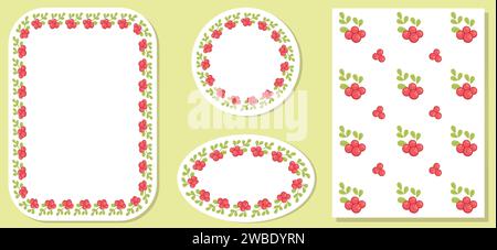 Set of 3 Decorative Wreaths with Branches, Berries, and Leaves, and a seamless pattern. Frames, Circles, Square, and Oval. Vector illustration. Stock Vector