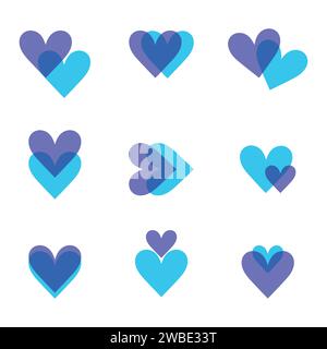 Bright purple and blue colored hearts icon set. Hearts merged. Heart on heart. Flat style. Vector illustration Stock Vector