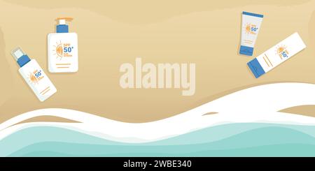 Sunblock sunscreen products summer beach banner. SPF summer skincare products on a sand and wave background. SPF 50 cream, spray, lotion, milk. Vector Stock Vector