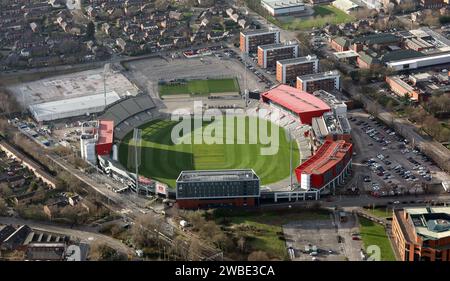 up to date (2024) aerial view of Old Trafford Cricket Ground in Manchester Stock Photo