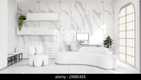 Computer and office tools on desk room interior design. Stock Photo