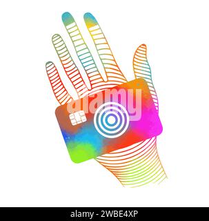 Colored hand holding a credit card. Bank card in hand. hand drawing. Not AI, Vector illustration Stock Vector