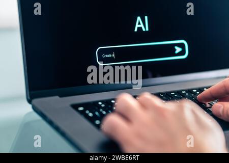 AI prompt chat bot. Search website to generate data, text or image. Man using computer with artificial intelligence app. Virtual assistant. Stock Photo