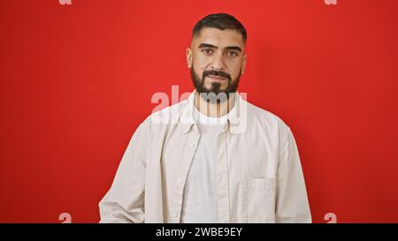 A handsome young man with a beard stands confidently against an isolated red background, portraying a casual yet stylish demeanor. Stock Photo