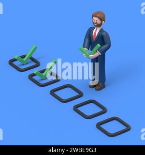 3D illustration of Asian man Felix putting check mark in the box, testing or planning.3D rendering on blue background. Stock Photo