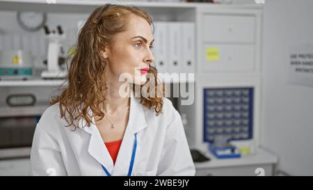 Focused young woman scientist diligently working on her research sitting in the medical laboratory, sporting her serious face as she peers into the mi Stock Photo