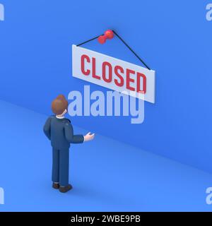 3D illustration of Asian man Felix is standing near a large white sign that says closed, a store or website is not working.3D rendering on blue backgr Stock Photo