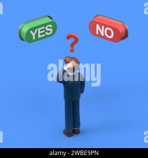 3D illustration of Asian man Felix is in a pensive state in front of two buttons with inscriptions yes and no, not an easy choice.3D rendering on blue Stock Photo