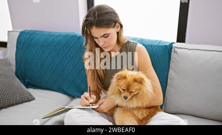 Smart, young hispanic woman, pensively sitting with her dog on the sofa at home, deeply immersed in writing her thoughts in the notebook. Stock Photo