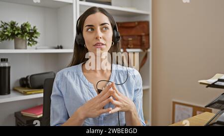 Young beautiful hispanic woman business worker wearing headset speaking at the office Stock Photo