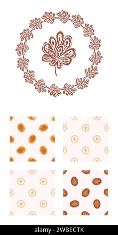 Block print rustic floral folkart motif and patten set. Vector quirky linocut leaf and scandi whimsical woodland design collection. Naive nature sprig Stock Vector