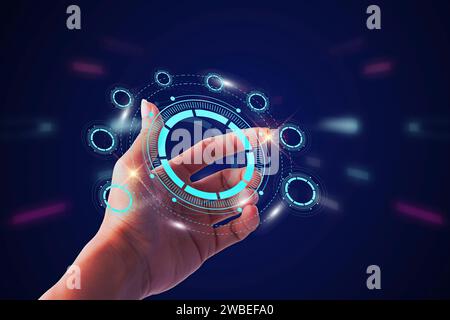 Business man hand touching Introduction of artificial intelligence. Cyberspace of future.Science and innovation of technology. Stock Photo