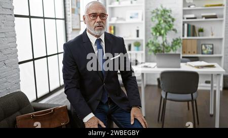 Confident mature businessman with beard in modern office, wearing glasses and blue suit. Stock Photo