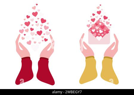 Cartoon hands with envelope and flying out hearts. Vector Flat illustration of health, insurance, solidarity. Hands give donate, help, gift. Template Stock Vector
