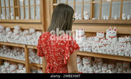 Beautiful hispanic woman in glasses counting on luck, standing by the famous lucky cat statue at gotokuji temple in tokyo Stock Photo