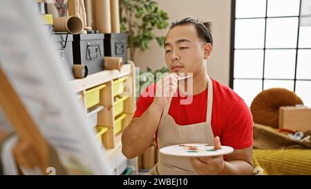Young chinese artist, deep in thought, seriously gazing at his drawing in the art studio, carefully grasping the brush, immersed in the world of creat Stock Photo