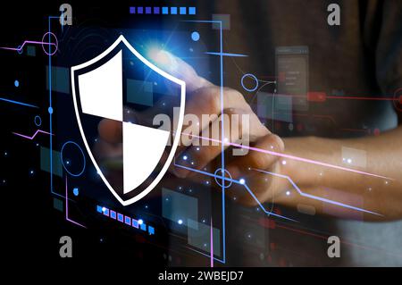 Keypad, cyber shield, lock, technology security system. Digital link. Cyber security with advanced technology. Stock Photo