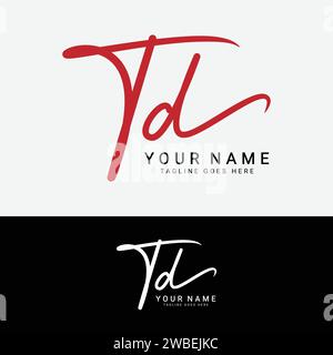 T, D, TD Initial handwriting or handwritten letter logo for identity. Logo with signature, wedding, fashion, floral, botanical and hand drawn in style Stock Vector