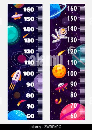 Kids height chart ruler with space galaxy, astronaut, rocket, stars and planets. Vector growth meter, wall sticker with cute cosmonaut, ufo and spaceship. Children height measurement scale with rocket Stock Vector