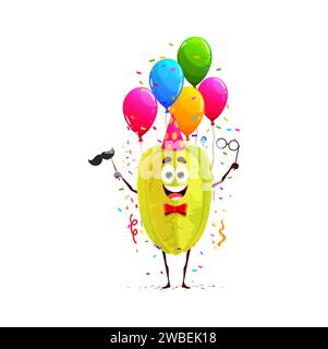 Cartoon cute carambola, star fruit character on birthday party, anniversary holiday celebration. Holiday greeting, birthday party or anniversary celebrating funny fruit vector personage with balloons Stock Vector