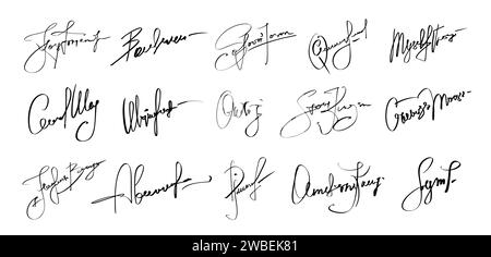 Autograph signatures pack, name facsimile handwritten by pen names, isolated vector set. Document signatures of personal name letters and surname in handwriting or facsimile for fake example Stock Vector
