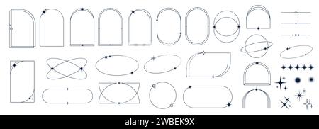 Minimal line frames and borders with star twinkles and sparkles, vector linear elements. Simple minimal outline frames and line art borders or geometric arches with celestial magic star sparkles Stock Vector