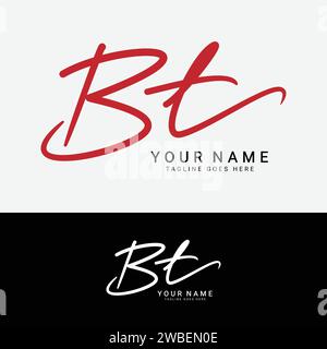 B, T, BT Initial handwriting or handwritten letter logo for identity. Logo with signature, wedding, fashion, floral, botanical and hand drawn in style Stock Vector