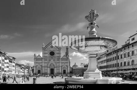 Black and white view of the famous Piazza Santa Croce in the historic center of Florence, Italy Stock Photo