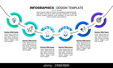 Infographic template with icons and 6 options or steps. Circles connected by a line. Can be used for workflow layout, diagram, banner, webdesign. Vect Stock Vector