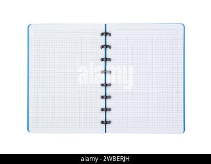 New blue opened notebook isolated on white. Stock Photo