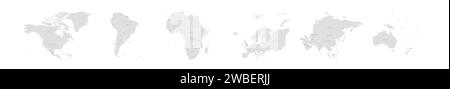 Set of six world continent maps in a row - North America, South America, Africa, Europe, Asia and Australia. Flat grey vector map with country name labels Stock Vector